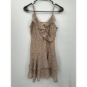 JAPNA Size M Polka Dot Ruffle Tiered Mini‎ Dress Womens Tan Black Smocked Back